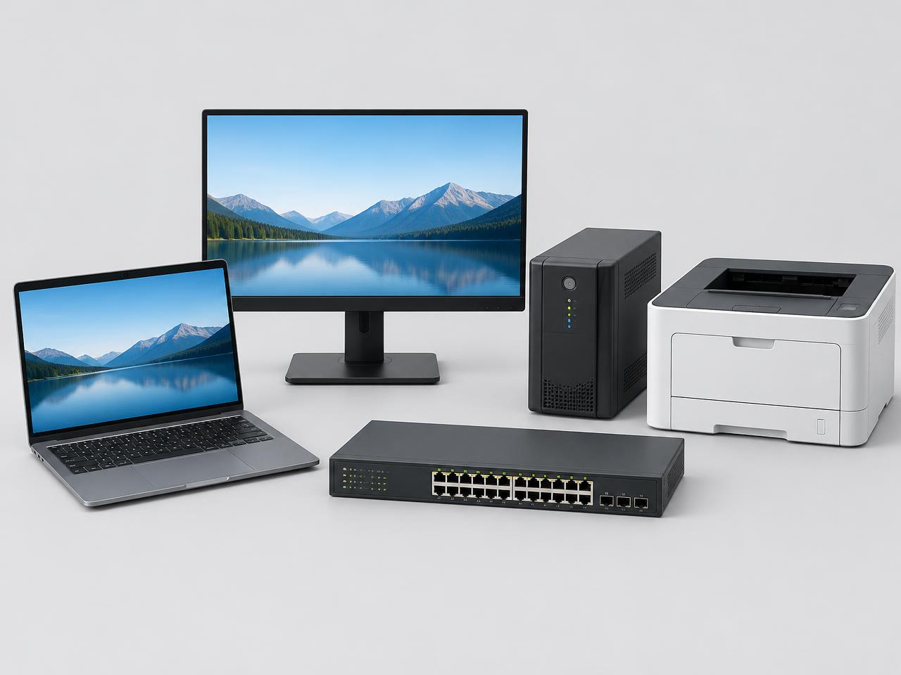 Business technology equipment including a laptop, monitor, switch, UPS and printer